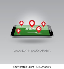 Imagen 3d de un teléfono en un fondo gris. Búsqueda de empleo y vacantes en ARABIA SAUDITA. Diseño para banners, afiches, sitios web, publicidad.