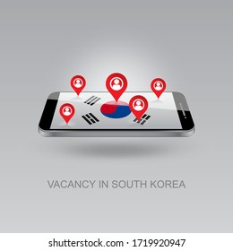 Imagen 3d de un teléfono en un fondo gris. Búsqueda de empleo y vacantes en COREA del Sur. Diseño para banners, afiches, sitios web, publicidad.