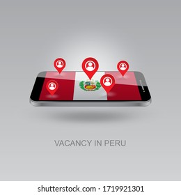 3d image of a phone on a gray background. Job search and vacancies in PERU. Design for banners, posters, web sites, advertising.