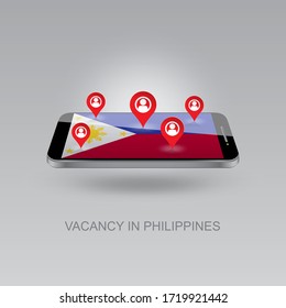 Imagen 3d de un teléfono en un fondo gris. Búsqueda de empleo y vacantes en FILIPINAS. Diseño para banners, afiches, sitios web, publicidad.