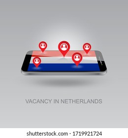 3d image of a phone on a gray background. Job search and vacancies in NETHERLANDS. Design for banners, posters, web sites, advertising.