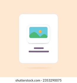 3d Image, photo, jpg file. Mountains and sun landscape. Picture in a frame. 3d vector icon. Cartoon minimal style.