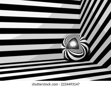 3d image of reflective sphere and black and white lines