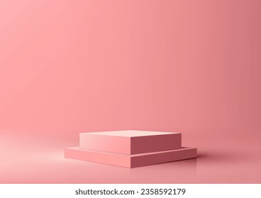 3D image shows a stack of pink boxes on an abstract pink background. The minimal geometric shapes create a sense of simplicity and elegance. Vector illustration