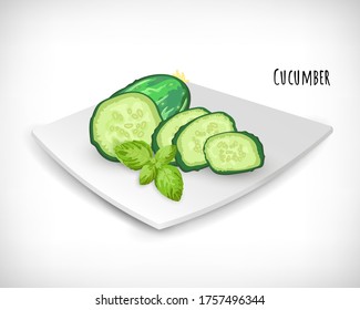3 d imagen de ensalada de verduras, rodajas de pepino, albahaca, sobre plato blanco. Dejando a Cucumber. El concepto de comida vegetariana mediterránea saludable. Ilustración dibujada a mano del vector sobre fondo blanco.