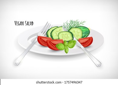 3d image of vegetable salad, tomato, cucumber slices, basil, dill, fork, knife on white plate. Lettering Vegan Salad. Healthy vegetarian mediterranean food concept. Vector hand drawn illustration.