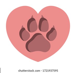 3D imprint of a dog's paw on a pink heart. Symbol of love for dogs. Animal protecting community. Vector flat design.