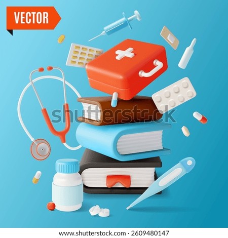 3d Improving Medical Practice Concept Background Cartoon Design Style Pile of Books and Floating Around First Aid Kit and Stethoscope . Vector illustration