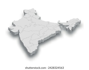 3d India white map with regions isolated on white background