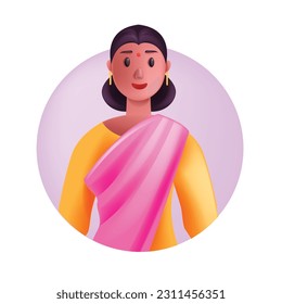 3D Indian woman avatar in sari, vector cartoon female character face, professional business lady. Happy smiling young person ethnicity portrait, pink saree clothes, round frame. Indian woman clipart