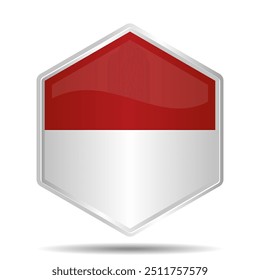 3D Indonesian Flag with Silver Hexagon Frame - Shiny Chrome Glossy Metallic Isolated on White Background, High-Resolution Vector EPS, Editable and Scalable Graphic Design Element