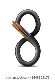 3D Infinity Shape Flexible Copper Wire Electrical Cable Isolated On White Background. EPS10 Vector