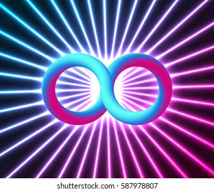 3D infinity sign icon on radial rays background. Logo template. Vector illustration