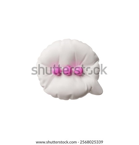 3D inflatable dialog box in round shape, white with bright pink dots, vector illustration. Speech bubble for social media icons decorative elements. Balloon. Rendering. Isolated background.