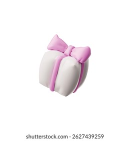 Caixa de presente inflável 3D, branco com arco rosa, balão. Para eventos de presente, decoração e feriados. Forma inflada. Estilo de desenho animado. Plano de fundo isolado. Ilustração vetorial. Renderização. Ícone.