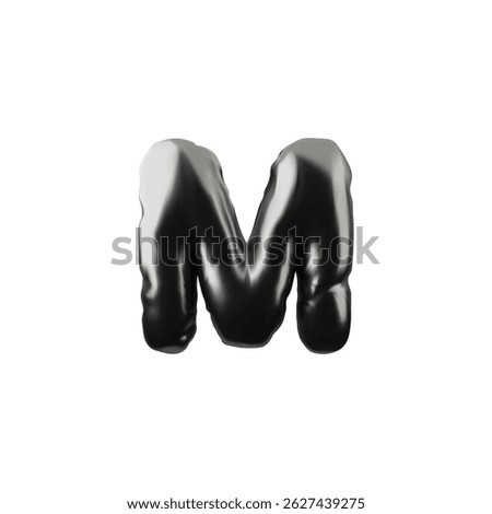 3D inflatable letter M in black chrome, vector illustration. Shiny, reflective design. English alphabet. For parties and festive decoration. Realistic icon. Isolated background. Rendering.