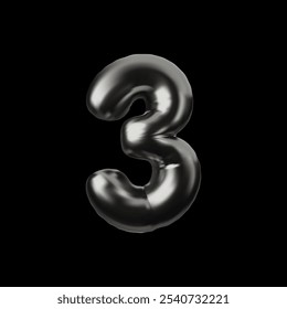 3d inflatable number three isolated on black background. Alphabet. Shiny black balloon with metallic effect. Material foil or glossy plastic. Decorative design element. Vector illustration.