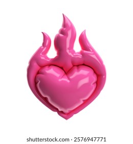 3d inflatable pink heart with flame-shaped edges, balloon bubble design, smooth glossy surface. Isolated vector in Y2K style for Valentine's Day, love, passion, weddings, romantic designs