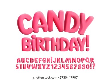 Fuente inflable del globo rojo rosado 3D, letras de la burbuja del caramelo-como. Tipografía gordita infantil para póster de vacaciones, diseño de cumpleaños y gráficos dulces. Etiquetas engomadas juguetonas de moda de los niños, render brillante del abc