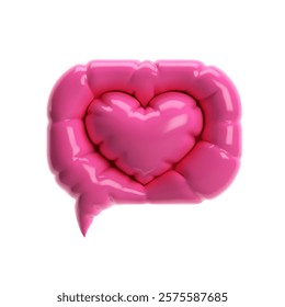 3D inflatable pink speech bubble with heart shape inside, smooth glossy balloon surface. Isolated vector for Valentine's Day, love, chat, weddings, social media, and digital designs