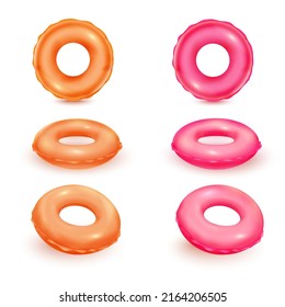 3d inflatable rings. Isolated rubber ring wheel, pool toys swim sea balloons realistic circle lifebuoy for floater swimming buoy tube summer round object tidy vector illustration. Inflatable rubber 3d