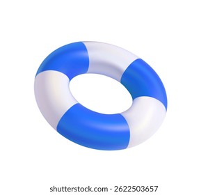 3D Inflatable swimming ring in blue icon Rubber pool toy. Swim lifesaver. Summer time objects. Travel and vacation. Cartoon design icons isolated on white. 3d rendering. Vector illustration