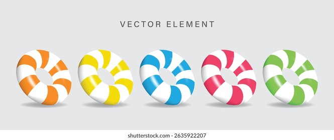 3D Inflatable swimming ring in orange, yellow, blue, pink and green icon set. Rubber pool toy. Swim lifesaver. Summer time objects. Travel and vacation. Cartoon design icons isolated on white.