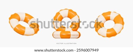 3D Inflatable swimming ring in orange icon set. Rubber pool toy. Swim lifesaver. Summer time objects. Travel and vacation. Cartoon design icons isolated on white background. 3D Vector illustration