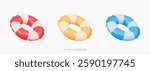 3D Inflatable swimming ring in red, yellow and blue icon set. Rubber pool toy. Swim lifesaver. Summer time objects. Travel and vacation. Cartoon design icons isolated on white. 3D Vector illustration