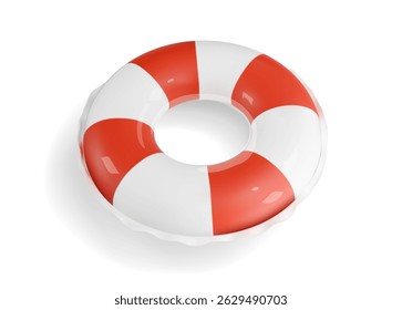 3D Inflatable swimming ring with red stripes. Rubber pool toy. Swim lifesaver. Summer time element Travel and vacation. Cartoon 3d icon isolated