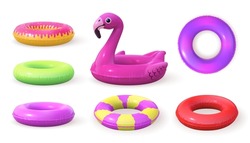 3d Inflatable Swimming Rings Designs, Doughnut And Pink Flamingo. Realistic Pool Rubber Circle Top And Side View. Swim Lifesaver Vector Set. Ring Inflatable For Pool And Sea Illustration