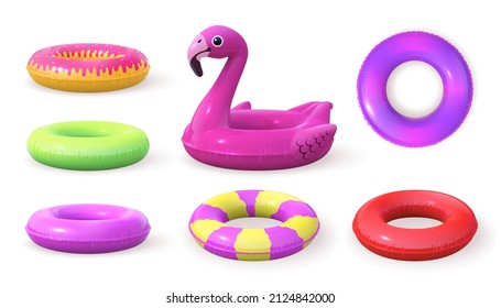 3d diseños de anillos inflables, rosquilla y flamingo rosado. Vista lateral y superior del círculo de caucho de la piscina realista. Juego de vectores Swim lifesaver. Anillo inflable para la ilustración de piscina y mar