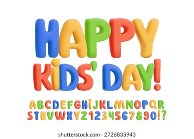 Fuente inflada del globo 3D con las letras brillantes azules rojas, verdes y amarillas. Tipografía juguetona, números de alfabeto gorditos. Linda estética infantil. Cartel colorido divertido del cumpleaños, fiesta del niño, decoración del vivero
