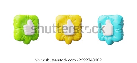 3D inflated balloon speech bubble with thumbs up hand gesture sign vector icons set. Colorful volume chatting boxes with like symbol. Glossy approve message. Social media dialogue cloud notification