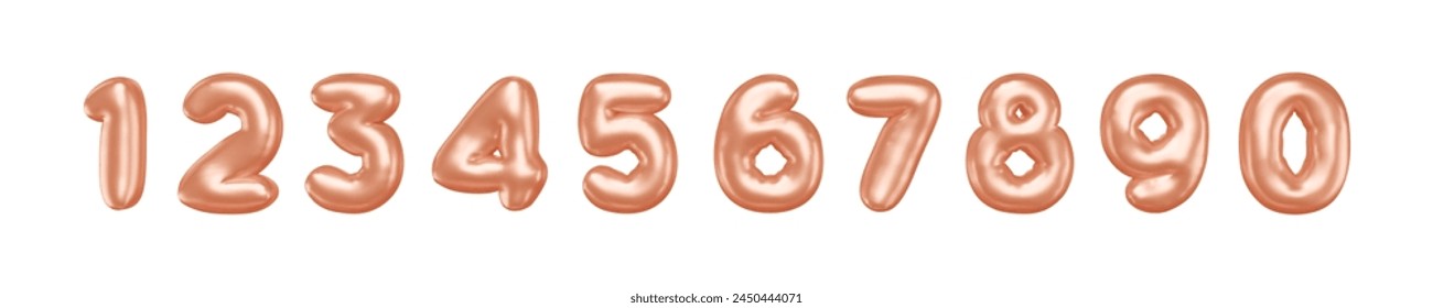 3d inflated foil numbers. Glossy golden balloon characters with metal effect. Bubble helium typography. Vector cartoon illustration, realistic rendering.