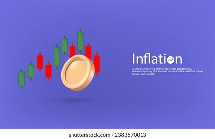 3D Inflation is rising and risks for stock market investors. Arrow with coins and the candlestick indicator