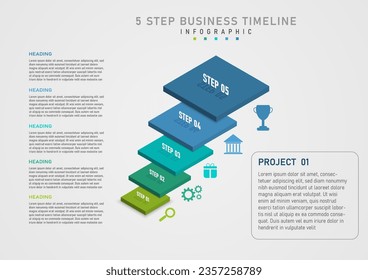 3d infographic 5 steps business multi colored squares stacked vertically numbers and text above left letter Multi-colored icon on the right and gray text outline in the middle.gray gradient background