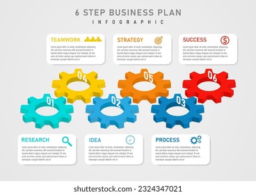 3D infographic 6 steps business planning
Isometric multicolored gears have numbers in the middle A white square frame with letters and icons on a gray gradient background.
