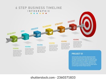 3d infographic 6 steps business planning to success circle target and arrow angle isometric cube multicolored white icon front Above and below there is text. gray gradient background