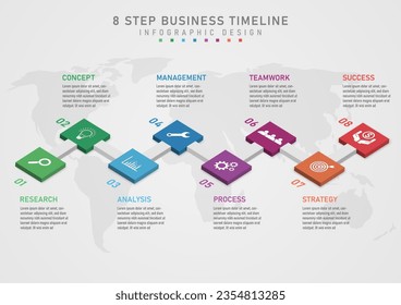 3D Infographic 8 Steps to Business Planning for Success Multi colored isometric squares, top white icon. Top and bottom text letters and numbers Underneath is a map with a gray gradient background.