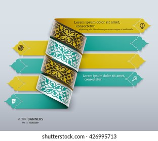 3d infographic banners with 4 colorful floral folded ribbons and Islamic design