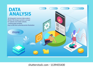3d infographic business data analysis, Landing page template,charts and analyzing statistics with people interacting in a team,for website and mobile website, isometric vector illustration design