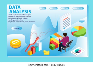 3d infographic business data analysis, Landing page template,charts and analyzing statistics with people interacting in a team,for website and mobile website, isometric vector illustration design