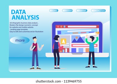 3d infographic business data analysis, Landing page template,charts and analyzing statistics with people interacting in a team,for website and mobile website, isometric vector illustration design
