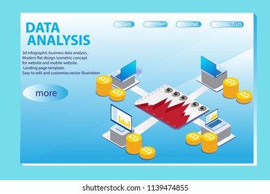 3d infographic business data analysis, Landing page template,charts and analyzing statistics with people interacting in a team,for website and mobile website, isometric vector illustration design