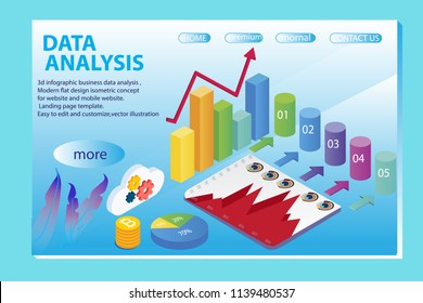 3d infographic business data analysis, Landing page template,charts and analyzing statistics with people interacting in a team,for website and mobile website, isometric vector illustration design