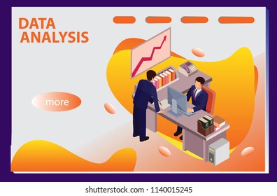3d infographic business data analysis, Landing page template,charts and analyzing statistics with people interacting in a team,for website and mobile website, isometric vector illustration design