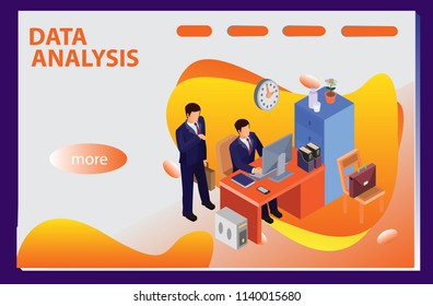 3d infographic business data analysis, Landing page template,charts and analyzing statistics with people interacting in a team,for website and mobile website, isometric vector illustration design