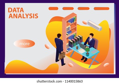 3d infographic business data analysis, Landing page template,charts and analyzing statistics with people interacting in a team,for website and mobile website, isometric vector illustration design