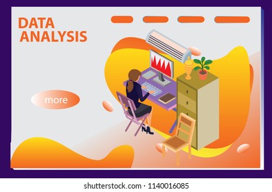 3d infographic business data analysis, Landing page template,charts and analyzing statistics with people interacting in a team,for website and mobile website, isometric vector illustration design